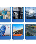 Various industrial and construction settings including skyscrapers, machinery, ships, and highways.