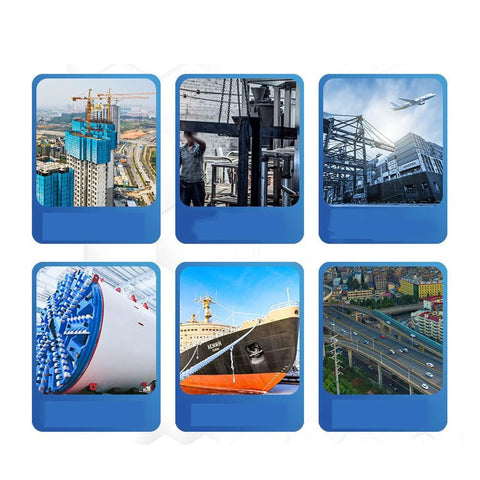 Various industrial and construction settings including skyscrapers, machinery, ships, and highways.