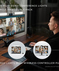 Person using HighBeam Pro Video Conference Lighting Kit for Zoom and Streaming, dual ring light setup on a monitor during video call.