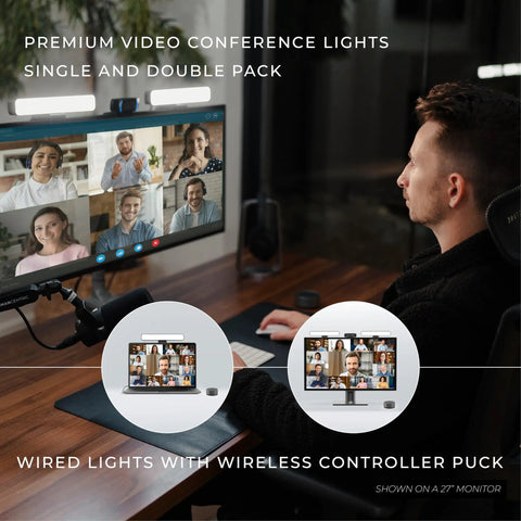 Person using HighBeam Pro Video Conference Lighting Kit for Zoom and Streaming, dual ring light setup on a monitor during video call.