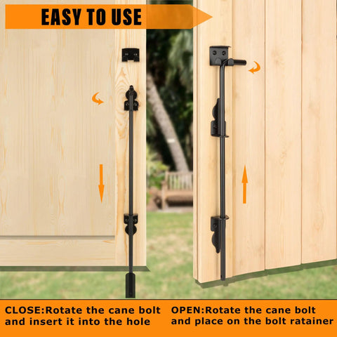 Tough As Nails 18 Inch Heavy Duty Cane Bolt Drop Rod Ground Latch For Wood Metal Vinyl Fence Gates Or Double Doors Rust Proof Steel Security Hardware Black Finish 2 Pack shown in use on wooden gate.