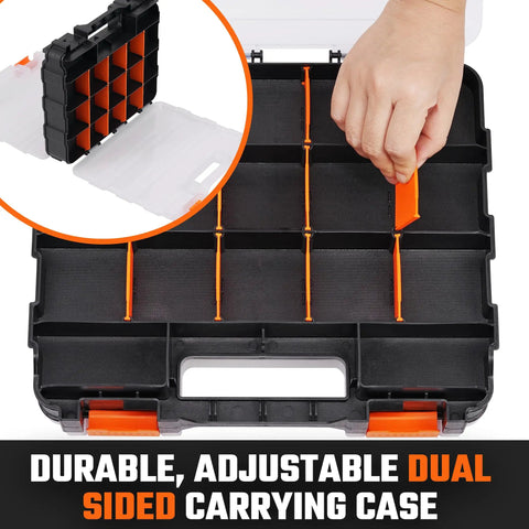 Dual-sided carrying case with adjustable compartments for Heavy Duty Trailer Hitch Pin Clip Set, 202 Piece Zinc Plated Steel Universal Pins Kit.