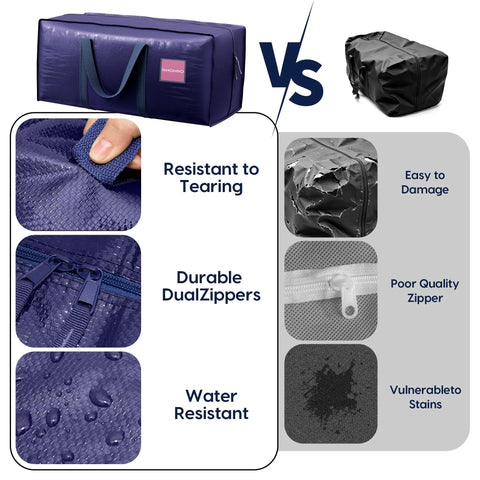 Image comparing features of Six Pack Heavy Duty Moving Bags 210GSM with Full Open Side Zipper 93L against inferior materials.
