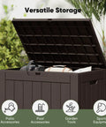 Weatherproof 31 Gallon Deck Box With Lockable Lid For Outdoor Patio Garden And Backyard Storage in open position with items inside