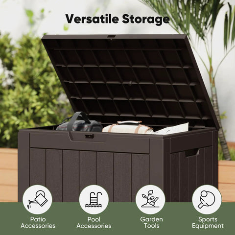 Weatherproof 31 Gallon Deck Box With Lockable Lid For Outdoor Patio Garden And Backyard Storage in open position with items inside