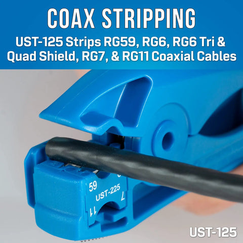 Blue coax stripping tool UST-125 for RG59 RG6 RG6 Tri Quad Shield RG7 RG11 cables, part of 8 Piece Coax Cable Tool Kit With Fixed Compression F Connectors For RG6 RG11 And More Includes UST 125 Stripper For RG59 RG6 RG6 Tri Quad Shield RG7 RG11 And PT 300 Continuity Tester For Fast CATV Installations
