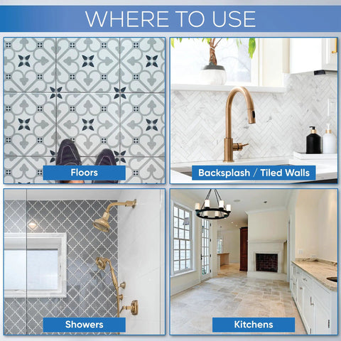 Image showing uses of Grout Sealer Impregnator For Shower Tile Grout And Backsplash on floors, backsplash, showers, and kitchens.