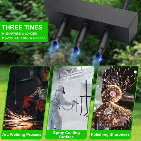 Manual Lawn Aerator With Soil Core Storage Tray For Clean Yard Care, three tines shown with manufacturing process