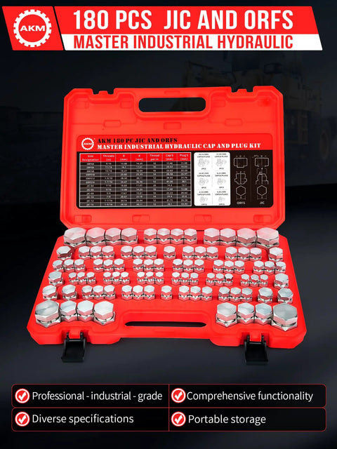 JIC and ORFS Hydraulic Cap and Plug Kit for Industrial Hose, Tube and Pipe Fittings, Pro Grade Precision Threading in ORFS and 37 Degree Dash Sizes 4 6 8 10 12 16 displayed in a red case.