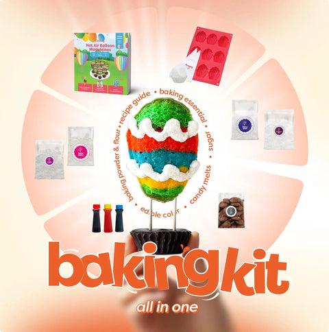 Whimsical Hot Air Balloon Madeleines Kids Baking Kit With Pre Measured Ingredients Silicone Mold Colorful Batter And Icing Decorations