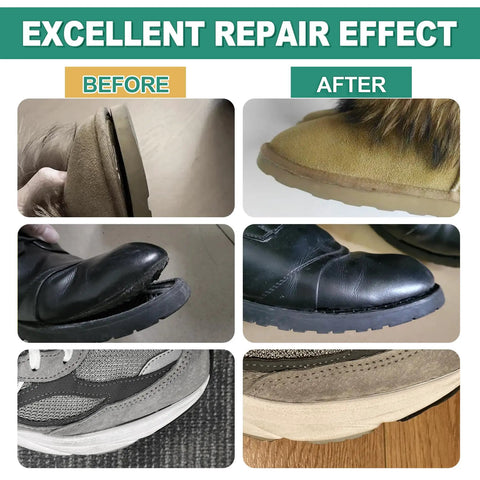 Pro Grade Flexible Shoe Repair Adhesive 20 Ml 2 Pack used on leather and rubber shoe soles and heels, before and after results.