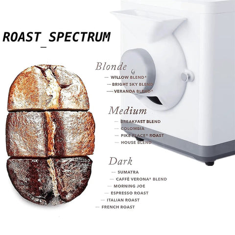 Automatic Coffee Bean Roaster With Nonstick Electric Pan For Peanuts Cashews And Chestnuts Featuring Adjustable Heat And Timer Knobs For Smooth No Sweat Home Roasting Top Shelf Results with roast spectrum display.