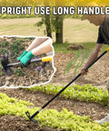 Man using Stand Up Weed Puller With 68 Inch Long Handle, 2 In 1 Weed Rake And Garden Hoe Combo, in yard, focusing on handle use.