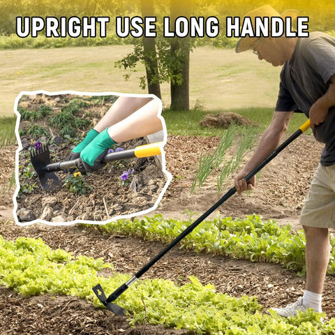 Man using Stand Up Weed Puller With 68 Inch Long Handle, 2 In 1 Weed Rake And Garden Hoe Combo, in yard, focusing on handle use.
