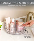 Clear Acrylic Lazy Susan Turntable With Four Removable Sections And Easy Grip Handles Smooth 360 Rotation For Kitchen Fridge And Cabinet Zero Stress Storage That Keeps Your Pantry Spice Stash And Cosmetics Looking Sharp Daily, shown with beauty products.