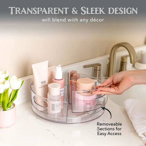Clear Acrylic Lazy Susan Turntable With Four Removable Sections And Easy Grip Handles Smooth 360 Rotation For Kitchen Fridge And Cabinet Zero Stress Storage That Keeps Your Pantry Spice Stash And Cosmetics Looking Sharp Daily, shown with beauty products.