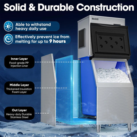 Commercial Ice Maker Machine 550 Lbs Per Day 22 Inch Wide Industrial Ice Machine With Large Storage Bin Ice Ready In 5-15 Minutes Stainless Steel ETL Approved Ice Maker For Restaurants And Bars with open bin showing ice.