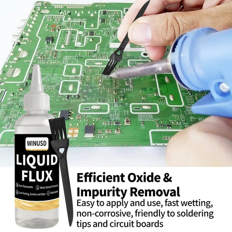 Water Based No Clean Solder Flux for Electronics Soldering, RoHS and REACH Compliant, 4oz Lead Free Liquid Flux shown with PCB