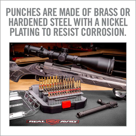 Pro Grade Gunsmithing Punch Set Kit With Roll Pin And Flat Tip Punches, Brass Included, on workbench with firearm