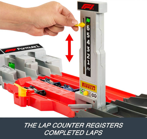 Hand adjusting lap counter on Formula 1 Grand Prix Circuit Track Set With 3 Die Cast 1 To 64 Scale Cars Two Racing Modes