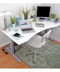 Office desk setup with six outlet surge protector power strip with six foot cord black no brainer lifetime guarantee and ten thousand insurance coverage for home and office gear under desk.