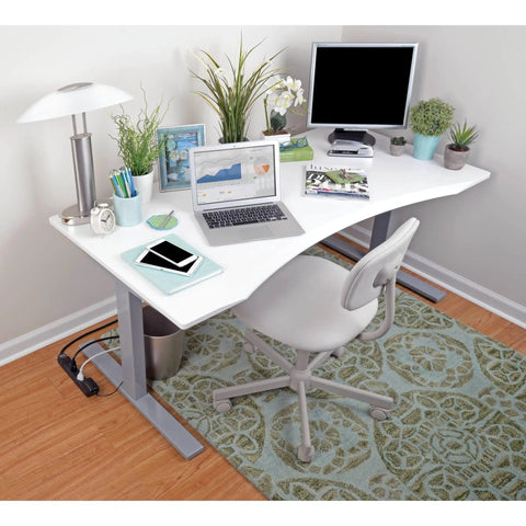 Office desk setup with six outlet surge protector power strip with six foot cord black no brainer lifetime guarantee and ten thousand insurance coverage for home and office gear under desk.