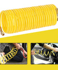 Heavy Duty Coiled Air Compressor Hose 1/4 Inch X 25 Foot Lightweight Nylon Design With Brass Fittings complete with flexible coiling for easy use.