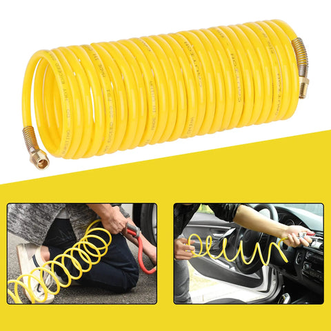 Heavy Duty Coiled Air Compressor Hose 1/4 Inch X 25 Foot Lightweight Nylon Design With Brass Fittings complete with flexible coiling for easy use.