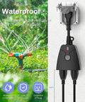 Outdoor Wireless Remote Control Outlet Kit With Weatherproof Heavy Duty Power Strip shown in use with garden sprinkler