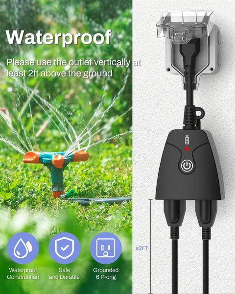 Outdoor Wireless Remote Control Outlet Kit With Weatherproof Heavy Duty Power Strip shown in use with garden sprinkler