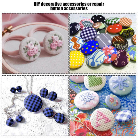 DIY Fabric Covered Button Kit With Five Sizes And Tools, 100 Piece Set with various fabric designs and installation tool.