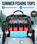 Fishing Backpack With Rod Holders And Cooler 45L Water Resistant Tackle Bag showing insulated compartment with bottles