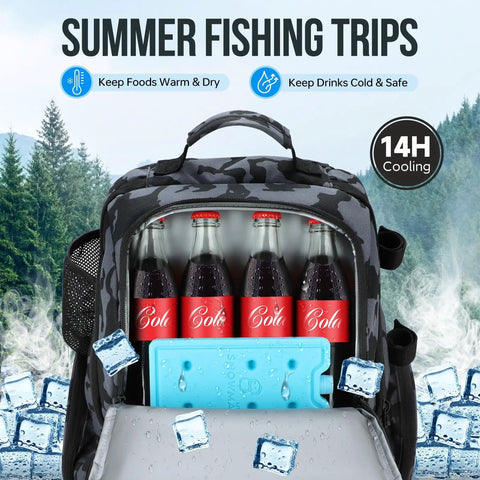 Fishing Backpack With Rod Holders And Cooler 45L Water Resistant Tackle Bag showing insulated compartment with bottles
