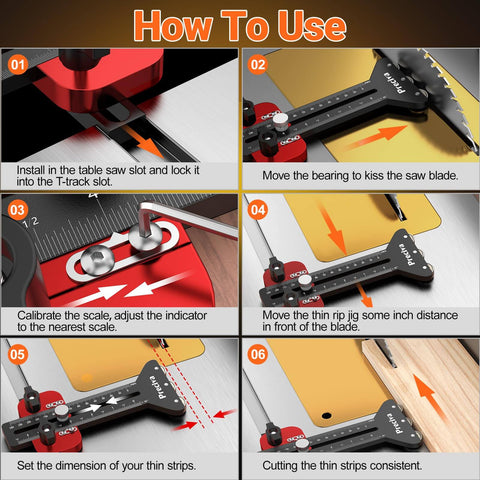 Instructions for using Thin Rip Table Saw Jig With Three Pulleys For Narrow Strip And Repetitive Cuts, step-by-step guide