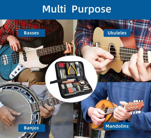 All In One 72 Pcs Guitar Tool Kit With Carry Bag for Acoustic Electric Ukulele Bass Banjo Pro Grade Repair shown with instruments