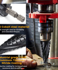 Cobalt Step Drill Bit Set With Center Punch by MulWark TiAlN Coated Unibit One Eighth To One And Three Eighths Inch in drill press