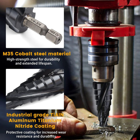 Cobalt Step Drill Bit Set With Center Punch by MulWark TiAlN Coated Unibit One Eighth To One And Three Eighths Inch in drill press