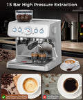 Freshly Ground Coffee Built-In Grinder with 15 Bar Badass Pump, showcasing dual espresso shots and coffee beans.