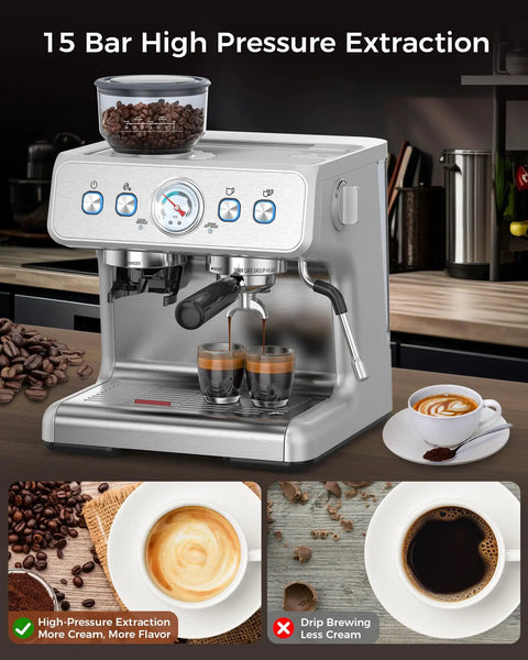 Freshly Ground Coffee Built-In Grinder with 15 Bar Badass Pump, showcasing dual espresso shots and coffee beans.