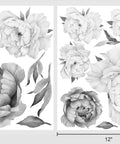 Easy Peel And Stick Black And White Peony Watercolor Wall Decals Set Of 8 on two 12x15 inch sheets showing floral designs
