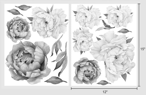 Easy Peel And Stick Black And White Peony Watercolor Wall Decals Set Of 8 on two 12x15 inch sheets showing floral designs