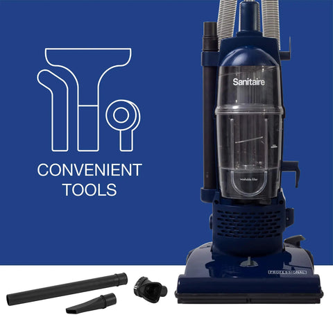 Straight Up Pro Bagless Upright Vacuum For Light Commercial Spaces That Crushes Floor Grime Featuring A Quick Dump Dirt Cup And Essential Attachments, showcasing tools for convenience.