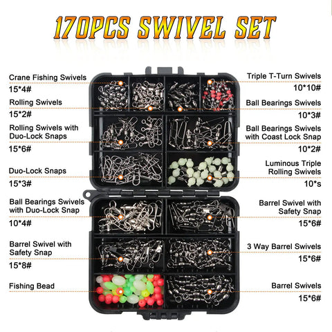 Ultimate Fishing Swivels Kit With Ball Bearing And Rolling Barrel Swivels, Crossline Three Way Swivels, Duo Lock And Coast Lock Snaps, Crane Barrel Options, Pro Grade High Strength Connectors For Bass, Trout, Saltwater And Freshwater. 170 pcs kit in box