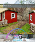 Outdoor view from Four Camera 5MP PoE Security Kit with night vision showing red houses, captured 24/7 with AI motion detection.
