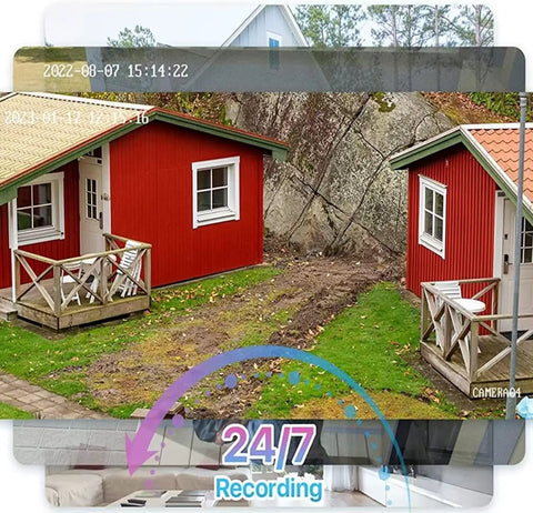Outdoor view from Four Camera 5MP PoE Security Kit with night vision showing red houses, captured 24/7 with AI motion detection.