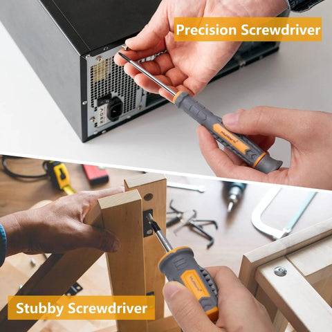 26 Piece Magnetic Screwdriver Set Kit With Heavy Duty Precision, Stubby And Angled Offset Drivers in use on electronics and woodwork
