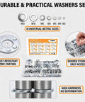 1000 Piece Zinc Plated Steel Flat Washers Workhorse Set With Eight Common Sizes M2 M3 M4 M5 M6 M8 M10 M12 with case overview