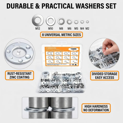 1000 Piece Zinc Plated Steel Flat Washers Workhorse Set With Eight Common Sizes M2 M3 M4 M5 M6 M8 M10 M12 with case overview