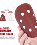 Cool 160 Pc Set Of 5 Inch Sanding Discs With Eight Holes And Hook Loop Backing for Random Orbital Sanders showing calcined aluminum oxide grain.