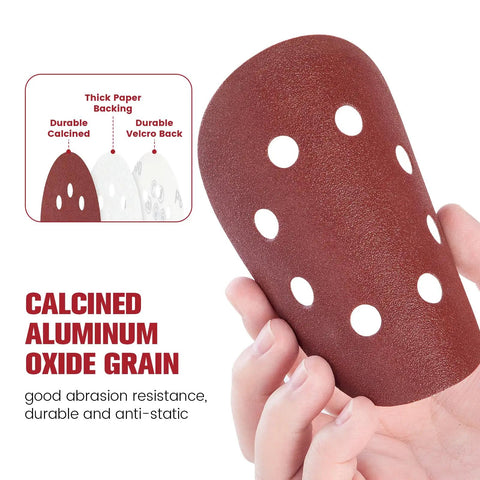 Cool 160 Pc Set Of 5 Inch Sanding Discs With Eight Holes And Hook Loop Backing for Random Orbital Sanders showing calcined aluminum oxide grain.